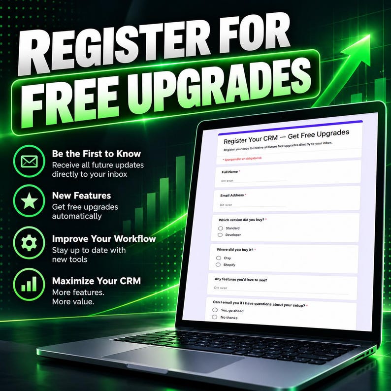May include: A laptop displaying a CRM registration form with the text Register Your CRM - Get Free Upgrades. The background features green glowing graphics, an upward arrow, and text listing benefits like Be the First to Know and New Features.