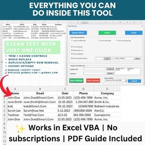 May include: Screenshot of a software tool with a spreadsheet interface. The interface includes options for data cleaning, such as trimming, replacing text, and removing duplicates. Text in the image says "Everything you can do inside this tool."