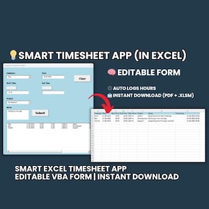 以下が含まれることがあります： Excelのデジタルタイムシートアプリ。編集可能なフォームと自動時間記録機能を備えています。画像には、従業員、日付、開始時刻と終了時刻、プロジェクトのフィールドがある水色のインターフェースが表示されています。PDFと.XLSM形式で即時ダウンロードできます。