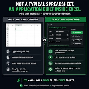 May include: A comparison graphic showing a typical spreadsheet template versus the Jacob Automation Solutions application built in Excel. The image features text, icons, and an invoice management system interface with buttons for automated actions.