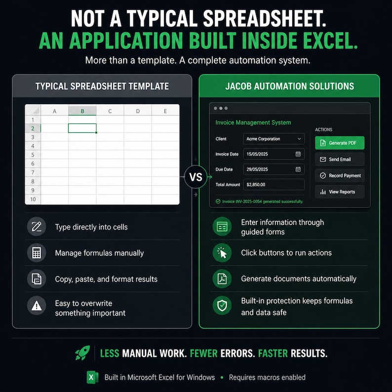 May include: A comparison graphic showing a typical spreadsheet template versus the Jacob Automation Solutions application built in Excel. The image features text, icons, and an invoice management system interface with buttons for automated actions.