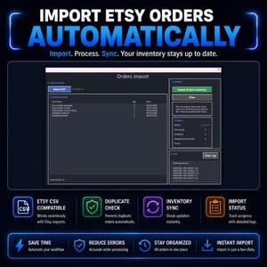 May include: A dark blue graphic with the text "IMPORT ETSY ORDERS AUTOMATICALLY". The image shows a computer screen with order import details, and icons for CSV compatibility, duplicate check, inventory sync, and import status.