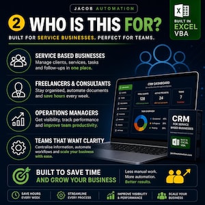 May include: A digital marketing graphic for Jacob Automation CRM software built in Excel VBA. The image displays a laptop showing a dashboard, a product box, and text listing target users including service businesses and consultants.
