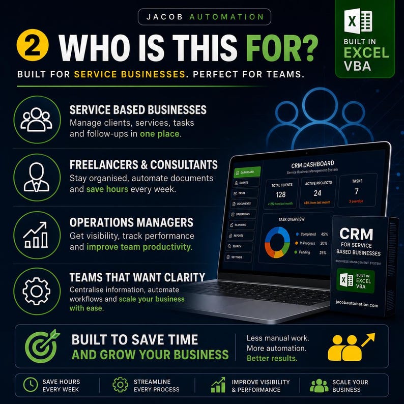 May include: A digital marketing graphic for Jacob Automation CRM software built in Excel VBA. The image displays a laptop showing a dashboard, a product box, and text listing target users including service businesses and consultants.
