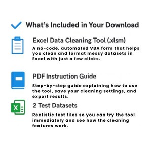 May include: A white graphic with the text "What's Included in Your Download". Includes an Excel Data Cleaning Tool, a PDF Instruction Guide, and 2 Test Datasets. The Excel tool helps clean and format data.