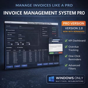 May include: An advertisement for an invoice management system. The text reads "Manage Invoices Like a Pro" and "Invoice Management System Pro." The image shows a software interface with features like KPI dashboard, overdue tracking, and advanced filters. The software is "Windows Only."