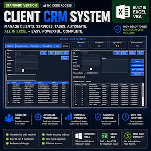 Puede incluir: Un panel de control digital de sistema CRM para clientes creado en Excel VBA. La interfaz presenta paneles azules y gris oscuro con campos de entrada para la gestión de clientes y servicios, tablas de datos y métricas de resumen.