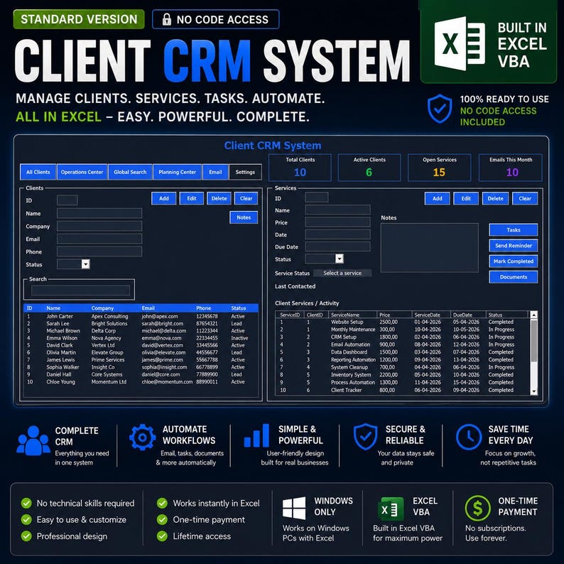 May include: A digital Client CRM System dashboard built in Excel VBA. The interface features dark blue panels with white text, including sections for client management, service tracking, task automation, and data tables for active services and client details.