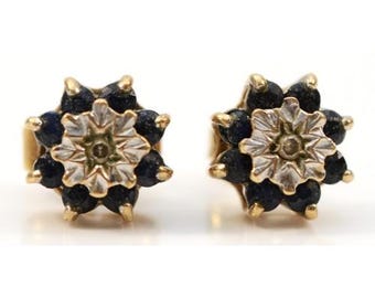 Beautiful 9ct Gold Sapphire & Diamond Cluster Earrings