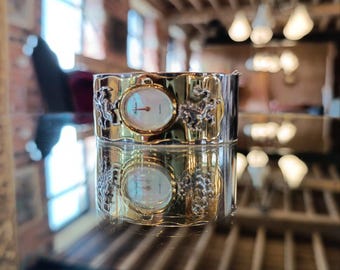 Rare Gorham Quartz Watch with Unicorn Bangle Bracelet, Pearl Dial with Gold and Silver Plated Bangle