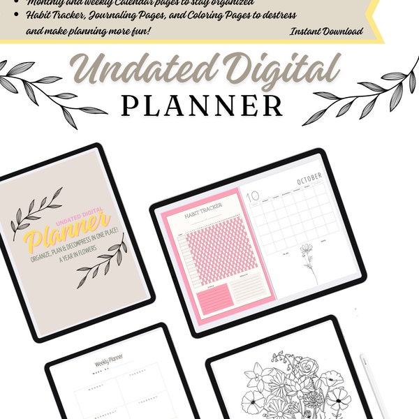 Digital Planner, Habit Tracker, Coloring pages, Journal, trendy, groovy, modern, simple, Birth month flowers, florals, customizable, undated