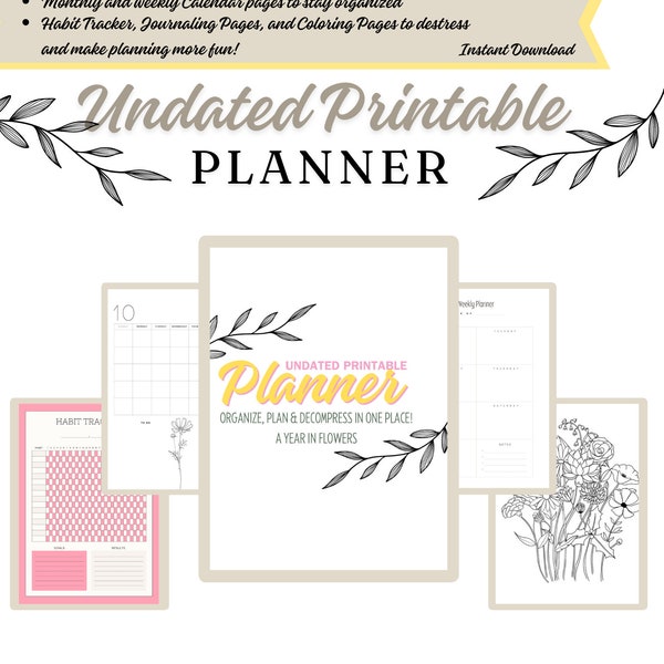 Printable Planner, Habit Tracker, Coloring pages, Journal, trendy, modern, simple, Birth month flowers, florals, customizable, undated