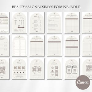 Puede incluir: Un paquete de formularios comerciales para salones de belleza. Los formularios incluyen facturas, listas de precios, formularios de citas de clientes y más. Los formularios están en una paleta de colores neutros con un diseño minimalista.