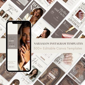 Può includere: Una collezione di modelli Instagram per saloni di unghie con una varietà di design. I modelli presentano immagini di unghie curate, offerte promozionali e testo come "Myths and Facts" e "Giveaway". Il testo principale recita "NAILSALON INSTAGRAM TEMPLATES".