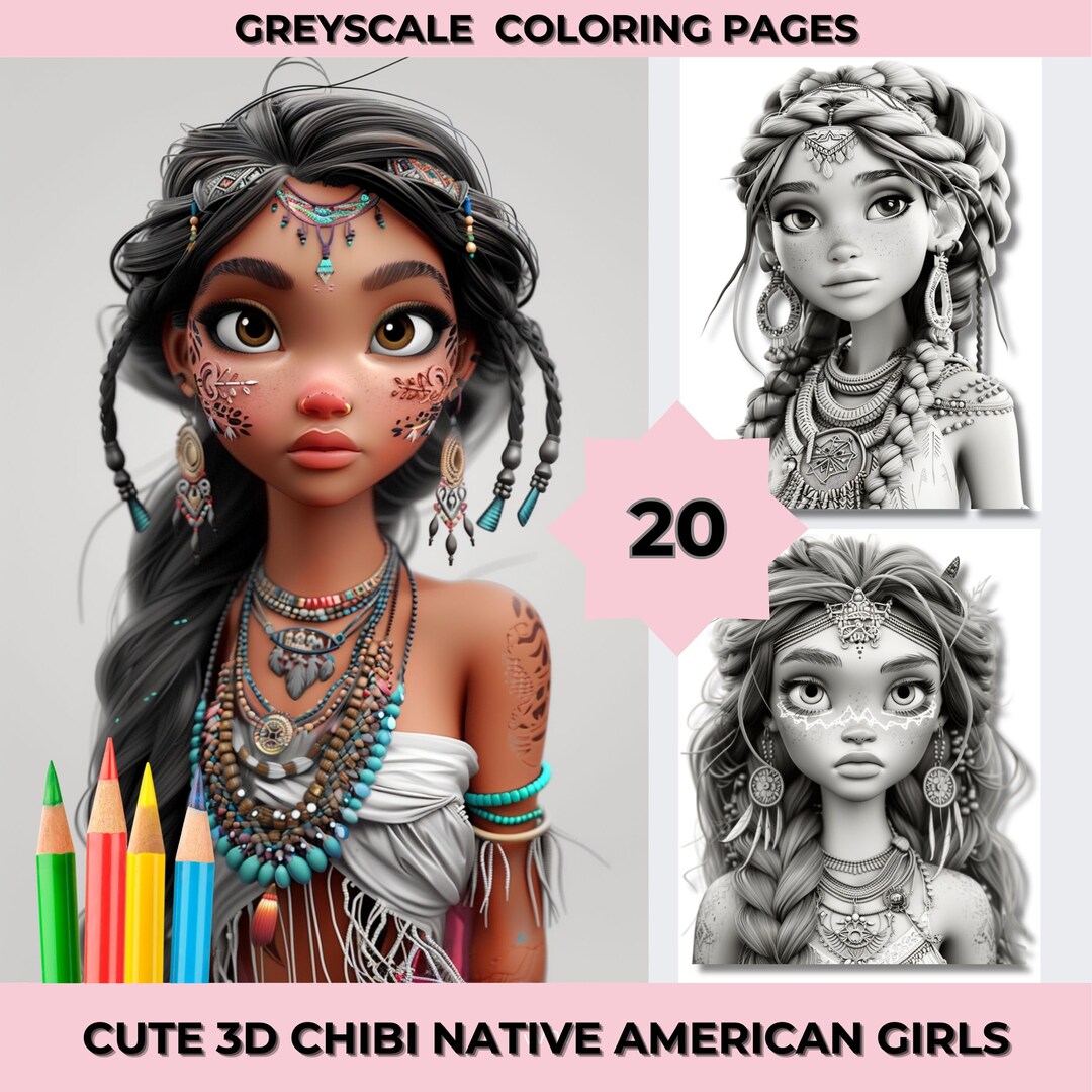 20 Greyscale Cute 3D Chibi Native American Girls Coloring Pages