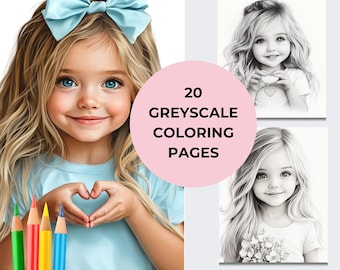 Página para colorear en escala de grises / Niñas lindas / Páginas para colorear para adultos / Libro para colorear para niños / Libro para colorear digital en escala de grises / PDF imprimible