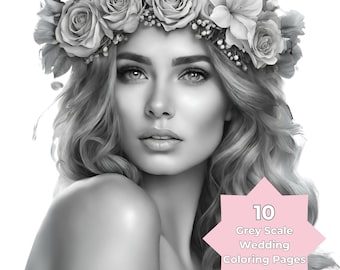 Beautiful Wedding Coloring Page, Grayscale Coloring, Instant Download, Adults and Kids Coloring Page, Bride Coloring, Printable PDF