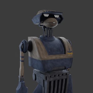 Peut inclure: Un robot bleu et marron avec une visière et un symbole jaune sur sa poitrine.