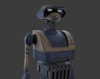 May include: A blue and brown robot with a visor and a yellow symbol on its chest.