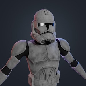 May include: A gray and black armored helmet and suit. The helmet has a T-shaped visor and two circular features on the lower face. The armor has shoulder pads and a chest plate. The overall design suggests a science fiction or military theme.