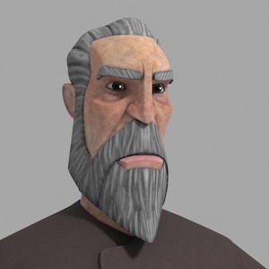 May include: A 3D-rendered cartoon portrait of an older man with gray hair and a matching beard. The man has a tan complexion, dark eyes, and is wearing a dark brown shirt. The image is a digital illustration.