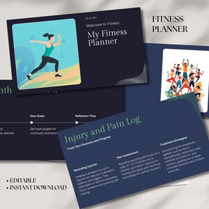 Peut inclure: Un planificateur de fitness avec un fond bleu foncé. Le planificateur comprend des sections pour les nouveaux objectifs, le temps de réflexion et un journal des blessures et de la douleur. La couverture présente une femme faisant de l'exercice.