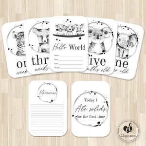 Cartes bébé étape importante | Cartes photo | Jalons | Cartes d'étape | Bébés animaux | Noir et blanc | Aquarelle | 40 cartes | Unisexe