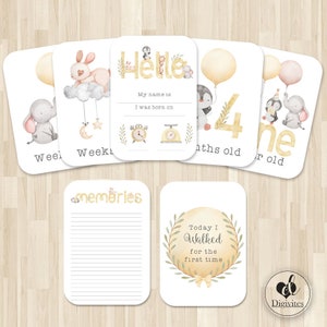 Cartes bébé étape importante | Cartes photo | Jalons | Cartes d'étape | Animaux | Jaune | Aquarelle | 40 cartes | Unisexe | Genre neutre