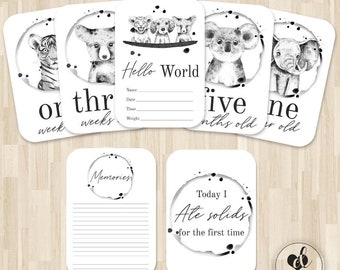 Baby Milestone cards | Photo Cards | Milestones | Milestone Cards | Baby Animals | Black and white | Watercolour | 40 cards | Unisex