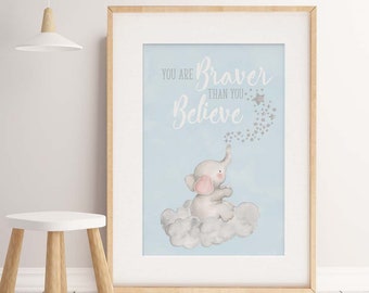 Baby, Boy nursery decor. Elephant Nursery wall art Print. Little Boys bedroom. Elephant sitting on a cloud. You are braver than you believe.