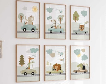 Set di stampe di animali del safari nella giungla in auto, arte per bambini (download digitale)