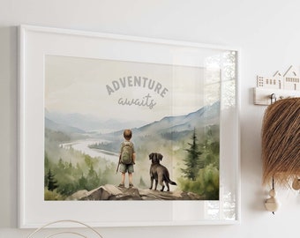 May include: A watercolour painting of a boy and his dog standing on a mountaintop overlooking a valley. The text "Adventure awaits" is written in the sky above them.
