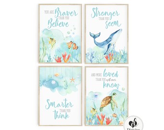 Girl Boy nursery decor.  Marine Sea life Nursery Wall Art.  Set of four Nursery Wall prints.  You are loved more than you will ever know.