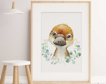 Girl, Boy nursery decor, Platypus Nursery wall art, Girls Boys Room print, Platypus Wall Art, Watercolour, Australian Nursery, Eucalyptus