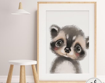 Baby, Girl Boy nursery decor, Woodland Nursery wall art Print, Child's bedroom print, Forest animal Racoon Wall art, Gender neutral prints