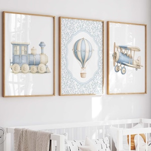 Boys Nursery wall art set of 3, Vintage Train, Hot Air Balloon & Airplane Wall Art, Blue Transportation Kids Room Decor, Digital Nursery art