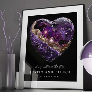 Carte des étoiles personnalisée, Impression ciel nocturne, Poster carte des étoiles, Cadeau de mariage, Constellation, Cadeau d'anniversaire, Cadeau personnalisé, Cristal améthyste