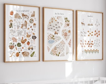 Farm Animal Nursery Prints, Alphabet Numbers Poster (Digital Download)