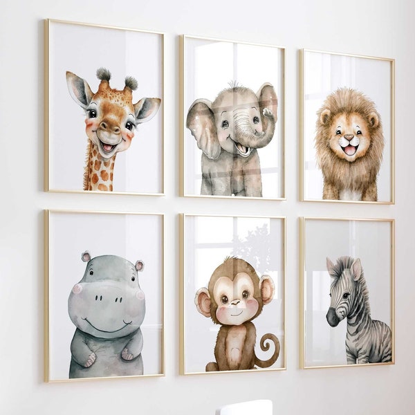 Druckbare Safari-Kinderzimmer-Wandkunstdrucke, digitale Kinderzimmerkunst, Baby-Tierdrucke, Kinderzimmer-Kunstwerk, Kinderzimmer-Wandkunst, Set 6 Dschungel-Kinderzimmer