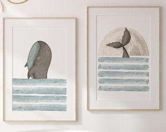 Whale Nursery wall art set of 2, Nursery prints, Coastal prints, Under the sea print, Beach nursery, Ocean nursery decor, kids bedroom decor