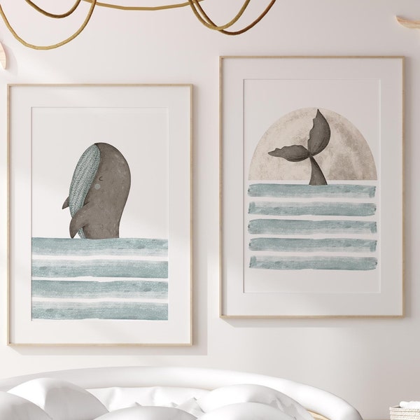 Whale Nursery wall art set of 2, Nursery prints, Coastal prints, Under the sea print, Beach nursery, Ocean nursery decor, kids bedroom decor