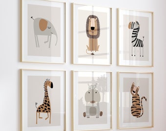 Stampe da parete stampabili con tema safari per la cameretta dei bambini, stampe digitali per la cameretta dei bambini, stampe di cuccioli di animali, stampe gender-neutral per la cameretta dei bambini, set da 6