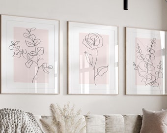 Neutral Wall art prints, Botanical Line art prints, Abstract set of 3 prints, Minimalist Pink bedroom living room wall decor, printable art