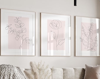 Botanical Line Art Prints, Beige Set of 3 (Digital Download)