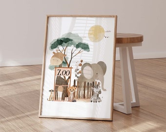 May include: A watercolor illustration of a zoo scene with an elephant, giraffe, zebra, and cheetah. The animals are standing in front of a sign that says "Zoo". The illustration is set against a background of green trees and a yellow sun.