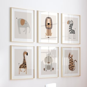 Impressões de arte de parede para berçário Safari para impressão, arte digital para berçário, impressões de animais de bebê, arte de berçário de gênero neutro, arte de parede para quarto de criança, conjunto de 6