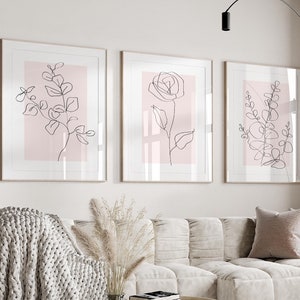 Neutral Wall art prints, Botanical Line art prints, Abstract set of 3 prints, Minimalist Pink bedroom living room wall decor, printable art