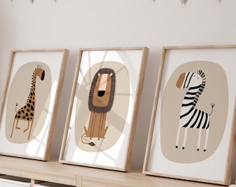 Safari Animal Nursery Prints, Beige Decor, Set of 3 (Digital Download)