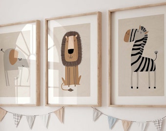 Stampe da parete per bambini Safari, decorazioni per bambini, stampe per bambini Boho, set di 3 stampe, stampe per bambini beige, arte da parete per bambini, arte stampabile