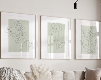 Salbei grün botanische Linie Kunstdrucke, minimalistisches Dekor (digitaler Download)